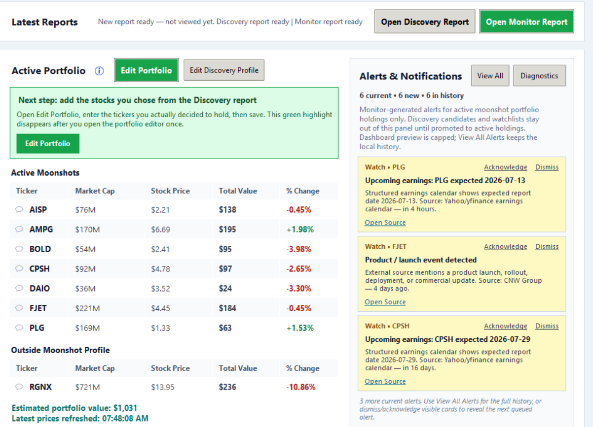 Active portfolio and alerts screenshot